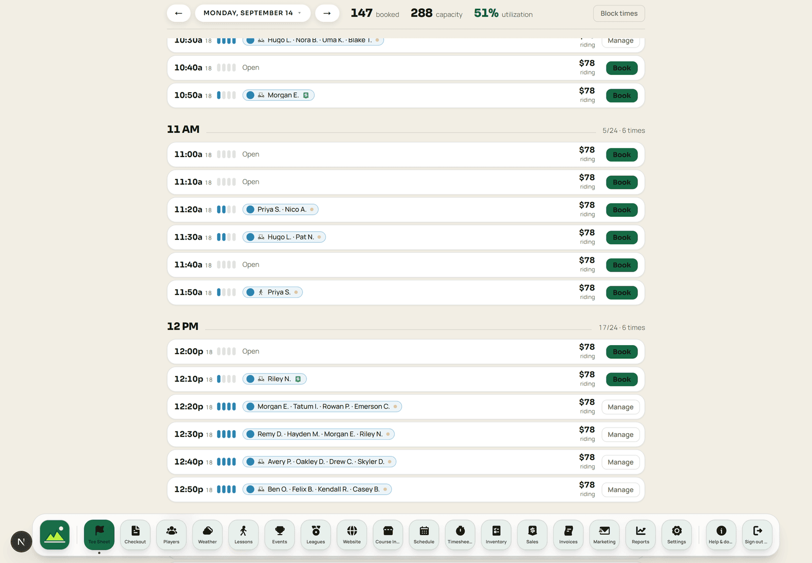 The pro shop tee sheet showing the tee time just booked online, labelled with the online channel.
