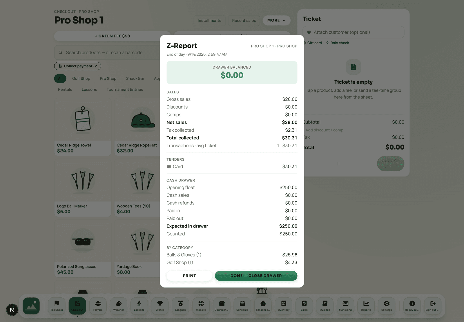 A Z-report for a closed register session with sales, tender breakdown, cash reconciliation and category totals.